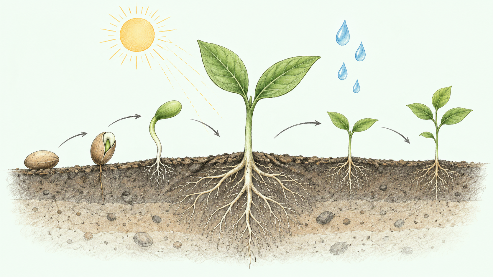 Generated design placeholder: an illustrated seed growing roots and leaves